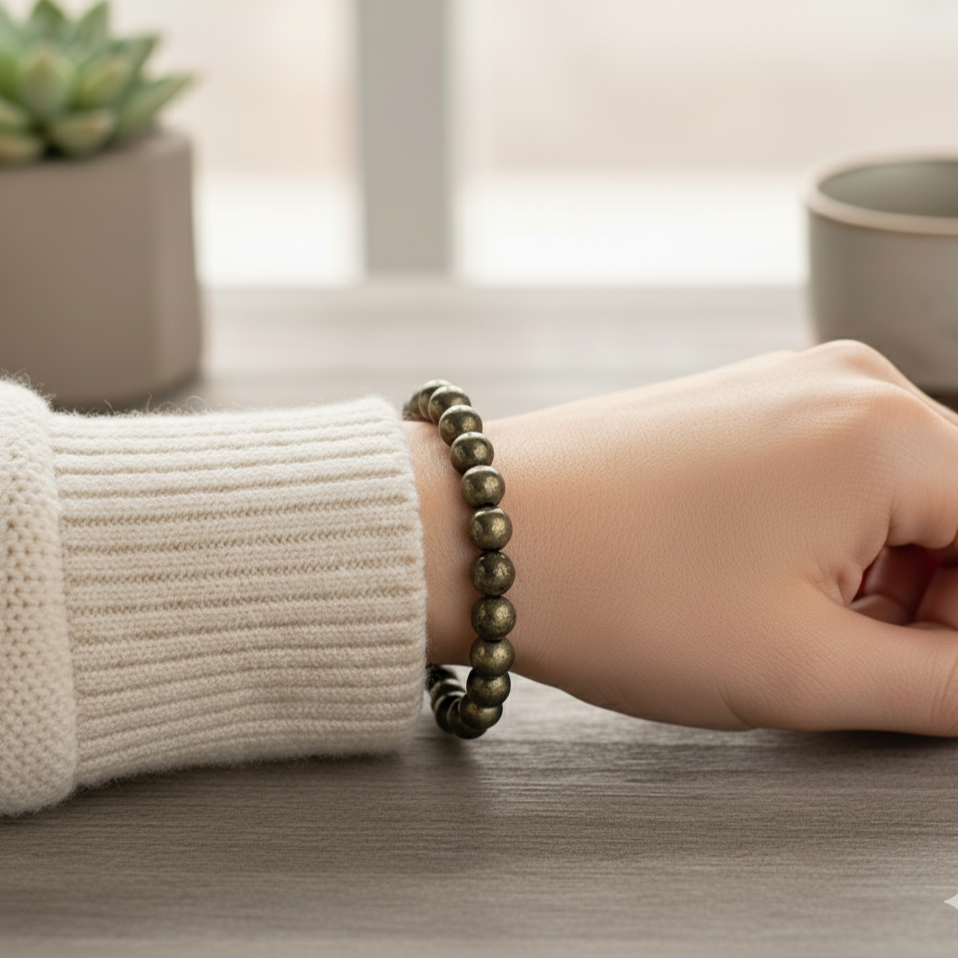 Pyrite bracelet on wrist - sattva gem